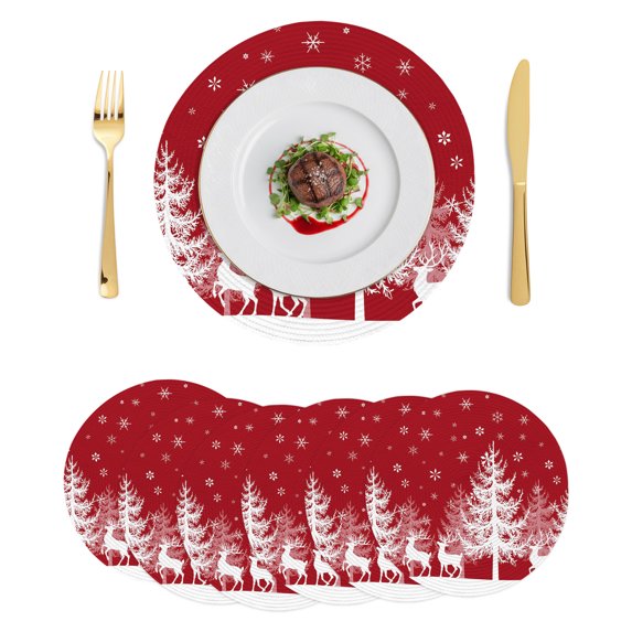 Christmas Red Round Placemats Set of 6, Braided Polypropylene Place Mats, White Xmas Tree Elk Winter Snowflake Washable Table Mats for Kitchen Dinner Holiday Wedding Party Coffee Table Decoration 15"