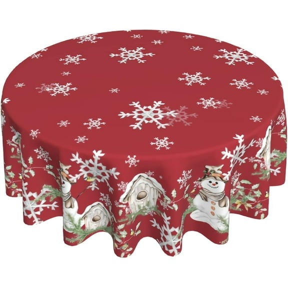 Christmas Red Round Tablecloth 60 Inch Snowflake New Years Decoration Holiday Snowman Winter Washable Table Cloth Polyester Fabric Table Cover for Home Kitchen Outdoor Party