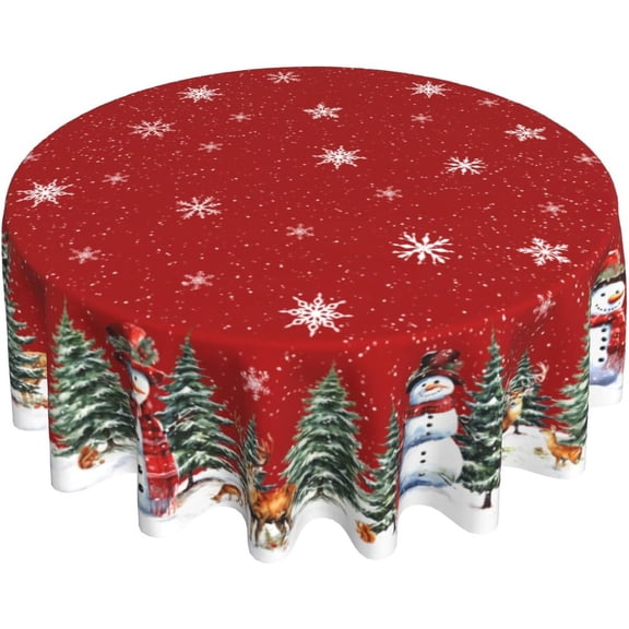 Christmas Red Round Tablecloth 60 Inch Snowman Winter Snowflake Reindeer Decorative Table Cloth Polyester Fabric Washable Table Cover for Holiday Family Gathering Dining Party