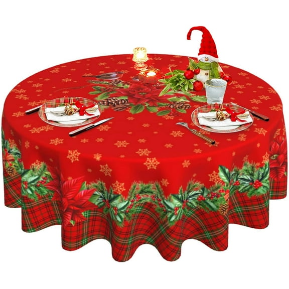 Christmas Red Round Tablecloth 60 Inch, Winter Snowflake Floral Table Cloth for Xmas Farmhouse Kitchen Decor, Wipeable Polyester Fabric Table Cover for Holiday Party