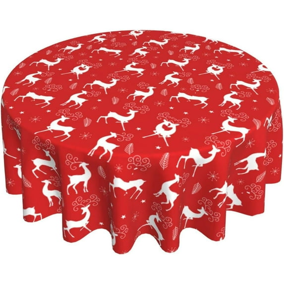 Christmas Red Round Tablecloth White Reindeer Printed Decorative Tablecloth Waterproof Washable Polyester Tablecloth for Xmas Dinner/New Year''s Eve/Party Decoration