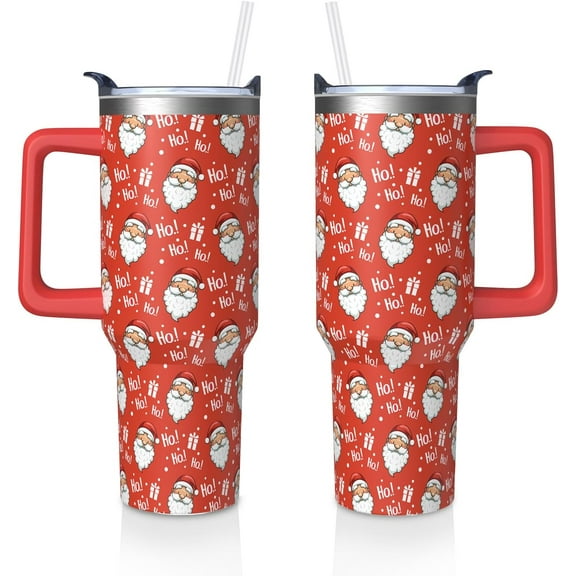 Christmas Red Santa Claus Gifts for Women Men, Xmas Ho Stainless Steel Insulated Travel Coffee Cup, 40 Oz Tumbler with Handle and Straw, Winter Holiday Water Bottle
