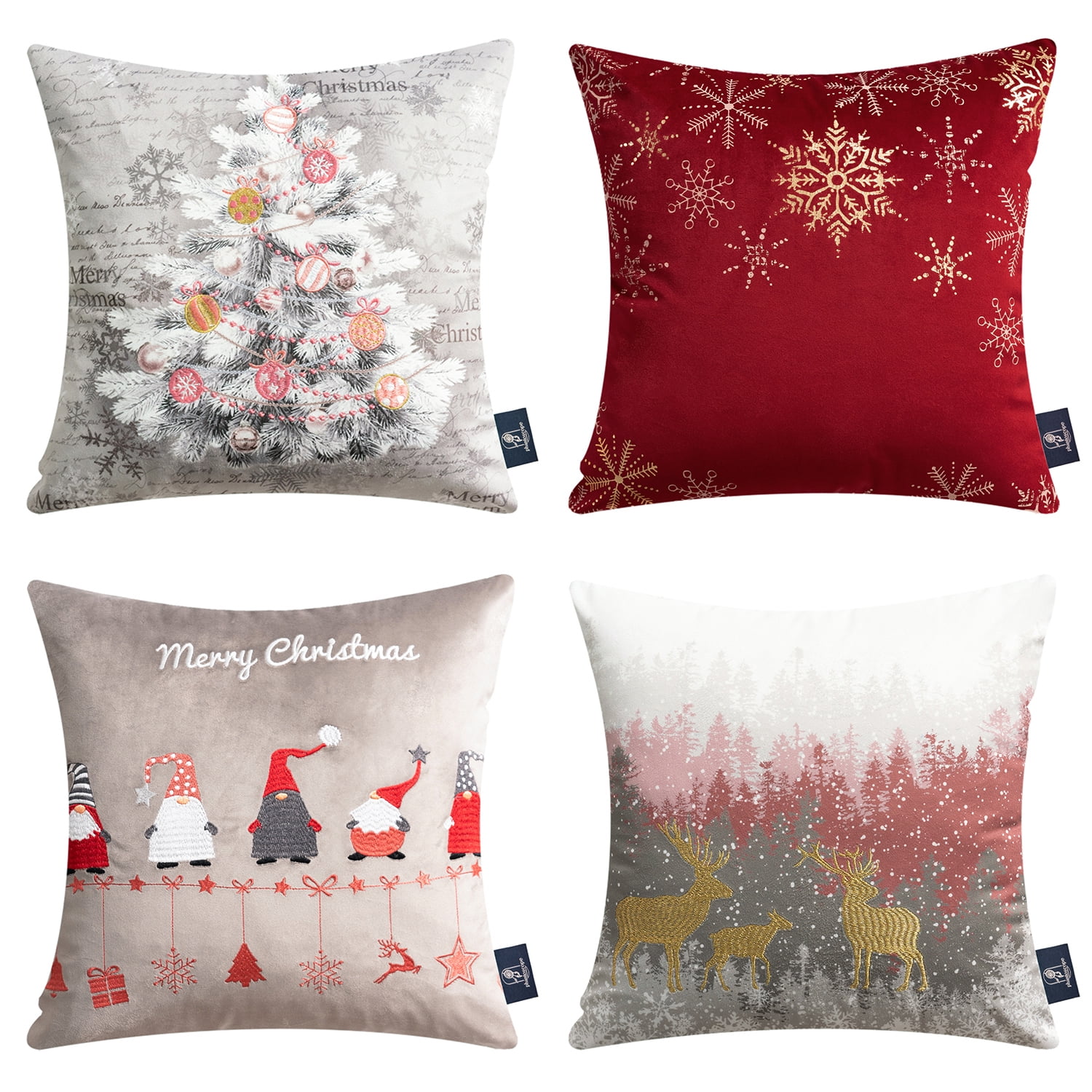 Christmas Red Santa Claus Velvet Embroidered Decorative Pillow Covers, Holiday Series Throw Pillow, Red, 18" x 18", Set of 4