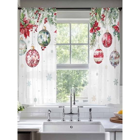 Christmas Red Sheer Curtains 2 Panels Set, 52" W x 72" L Green Balls Poinsettia Flowers Berry Snowflake Light Filtering Rod Pocket Voile Drapes, Window Sheer Curtains for Living Room/Bedroom