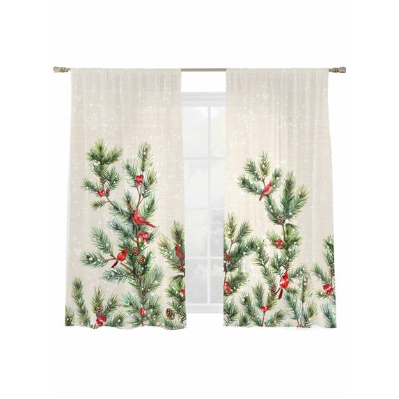 Christmas Red Sheer Curtains 2 Panels Set, Berries Birds Pine Needles Linen Texture Window Sheer Curtains for Living Room/Bedroom, Light Filtering Rod Pocket Voile Drapes, 52" W x 72" L