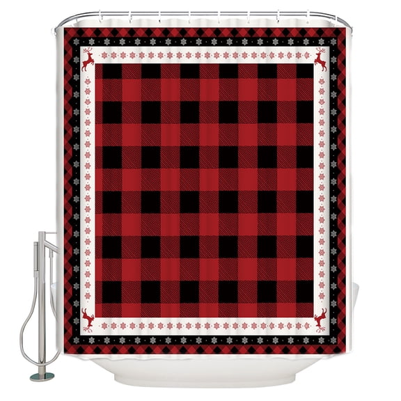 Christmas Red Shower Curtain, 36" x 72", Black Buffalo Plaid Waterproof Bathroom Curtain Washable Shower Curtain Set with 12 Hooks