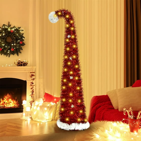 Christmas Red Snowflake Crooked-Neck Tree Curved Christmas Tree Artificial Collapsible Christmas Trees with Tree Topper Tinsel Christmas Tree for Indoor Outdoor Christmas Decorations