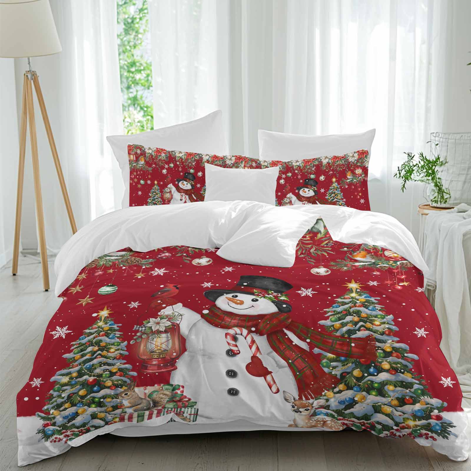 Christmas Red Snowman Comforter Set Twin Size, Xmas Tree Poinsettia ...