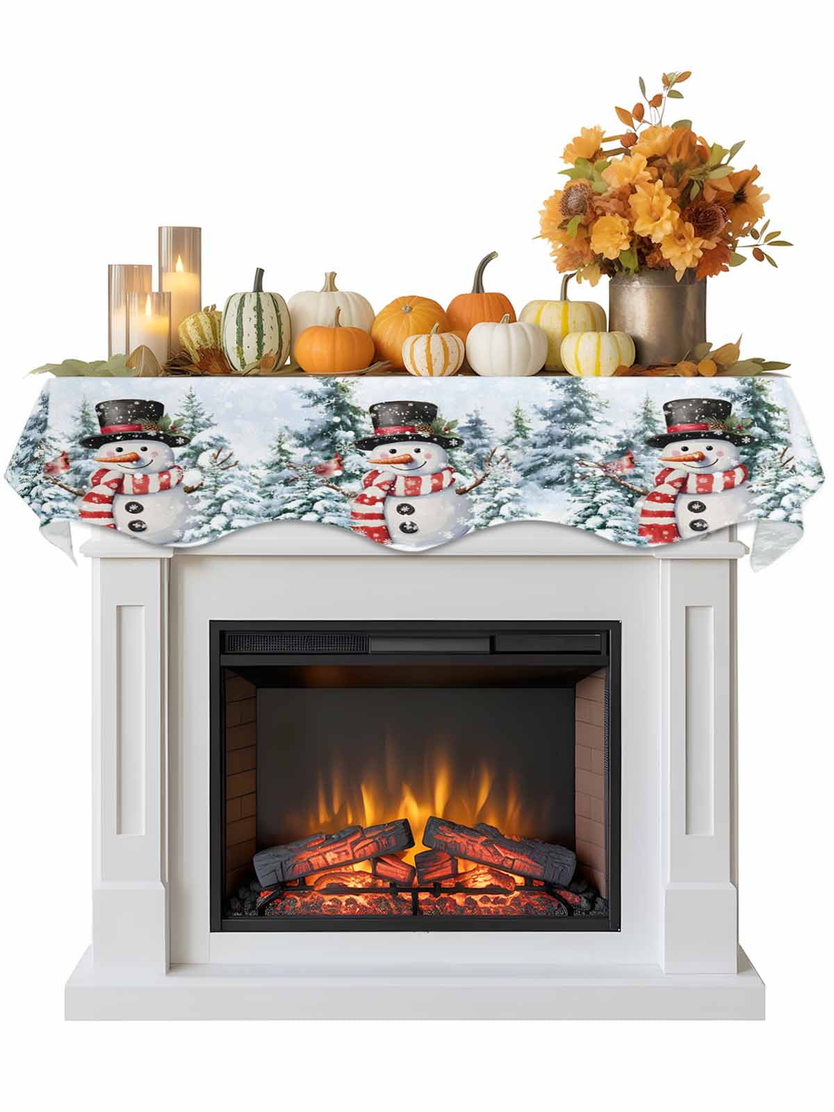 Christmas Red Snowman Fireplace Mantle Scarf Winter Snow Scene Pine Tree Forest Bird Mantel Cover Runner Fireplace Cloth for Holiday Party Home Living Room Decor 60 x 17 Inch