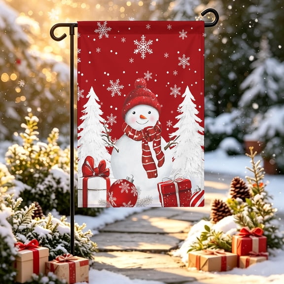 Christmas Red Snowman Garden Flag 12x18 inch White Pine Tree Xmas Ballssnowflakes Double Sided Small Decorative Garden Flags for Outside, Outdoor Yard Porch Lawn Decoration