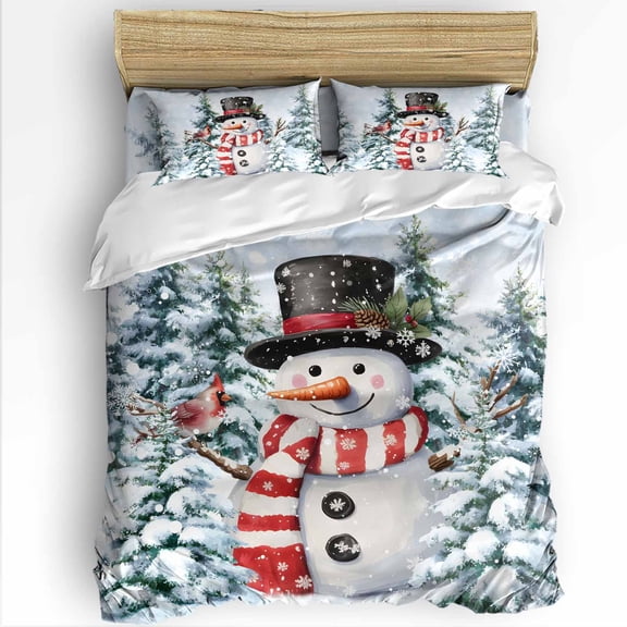 Christmas Red Snowman Queen Size Comforter Set, Winter Snow Scene Pine Tree Forest Bird Bedding for All Seasons, 4 Pcs Bed Set with 1Comforter (90"x92") ,1 Sheet(94"x116"), 2 Pillowcases (19"x29")