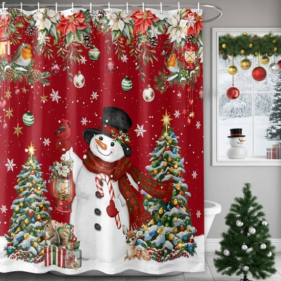 Christmas Red Snowman Shower Curtains for Bathroom, Xmas Tree Poinsettia Balls Winter Waterproof Fabric Shower Curtain for Bathroom Bathtub Decoration, Machine Washable, 60"x72"