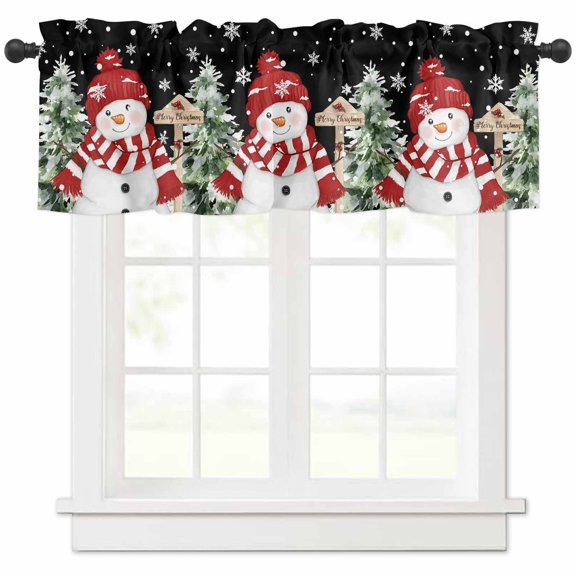 Christmas Red Snowman Valances for Windows, Winter Snowflakes Xmas Tree Black Light Filtering Window Treatment Valances, Rod Pocket Small Curtains for Kitchen/Bathroom, 60"x18"