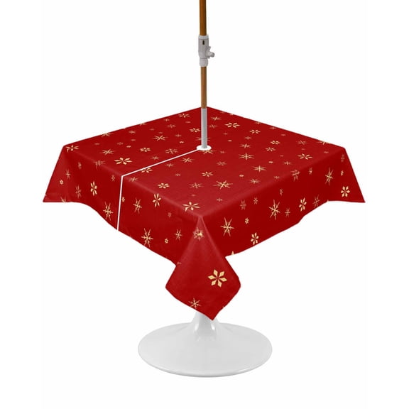 Christmas Red Square Outdoor Tablecloth, Waterproof Table Cloth Cover with Umbrella Hole and Zipper, Winter Snowflakes Xmas Retro Table Protector for Patio Party Picnic 54"x54"