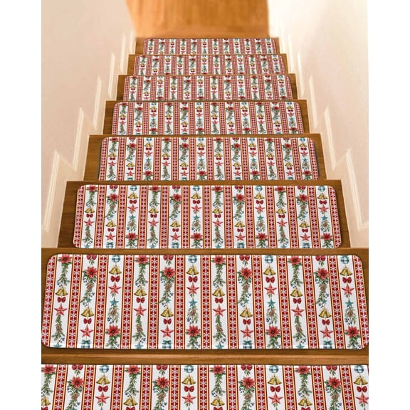 Christmas Red Stair Treads for Wooden Steps Indoor Runner Rug Carpet,Poinsettia Floral Xmas Pine Branch Winter Holiday 4 Pieces Peel and Stick Staircase Step Treads Covers Throw Door Mats,30"x8"
