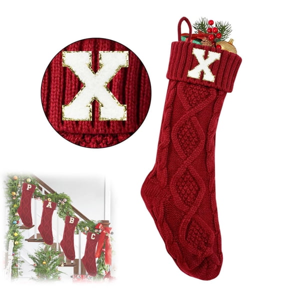 Personalized Christmas Red Stockings with Initials, 18" Large Embroidered Monogram Knit Xmas Stocking Holiday Party Fireplace Family Hanging Stocking Party Decoration