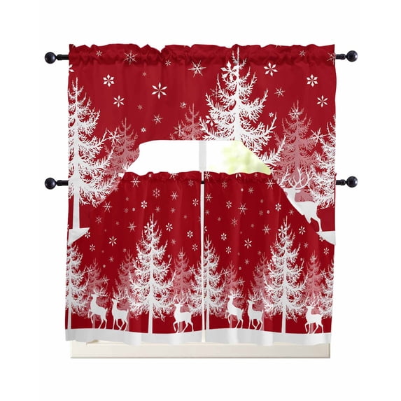 Christmas Red Swag Kitchen Curtains Sets for Windows 24 Inch Length, White Xmas Tree Elk Winter Snowflake Short Window Curtain Panels Swags Valances and Tiers 3 Piece Set for Cafe/Dining Room