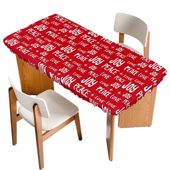 Christmas Red Table Cloths for 3 Foot Rectangle Tables, Peace Love Xmas Holiday Patio Waterproof Elastic Fitted Tablecloths, Washable Rectangular Table Cover for Camping