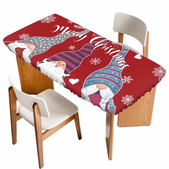 Christmas Red Table Cloths for 6 Foot Rectangle Tables, Cute Gnomes Xmas Winter Snowflakes Patio Waterproof Elastic Fitted Tablecloths, Washable Rectangular Table Cover for Camping