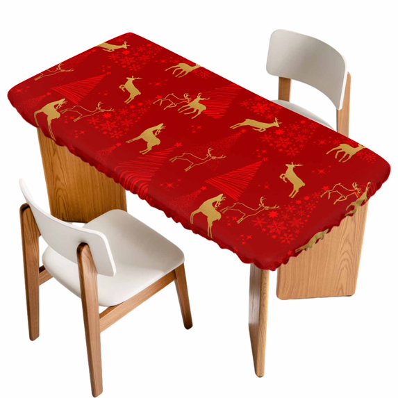 Christmas Red Table Cloths for 6 Foot Rectangle Tables, Yellow Reindeer Xmas Trees New Year Patio Waterproof Elastic Fitted Tablecloths, Washable Rectangular Table Cover for Camping