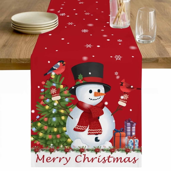 Christmas Red Table Runner 48 Inches Long Farmhouse Dress Scarves, Xmas Snowman Pine Tree Cardinal Bird Snowflake Dining Tablerunner for Coffee Table/Kitchen Island/Party Décor, 13" x 48"