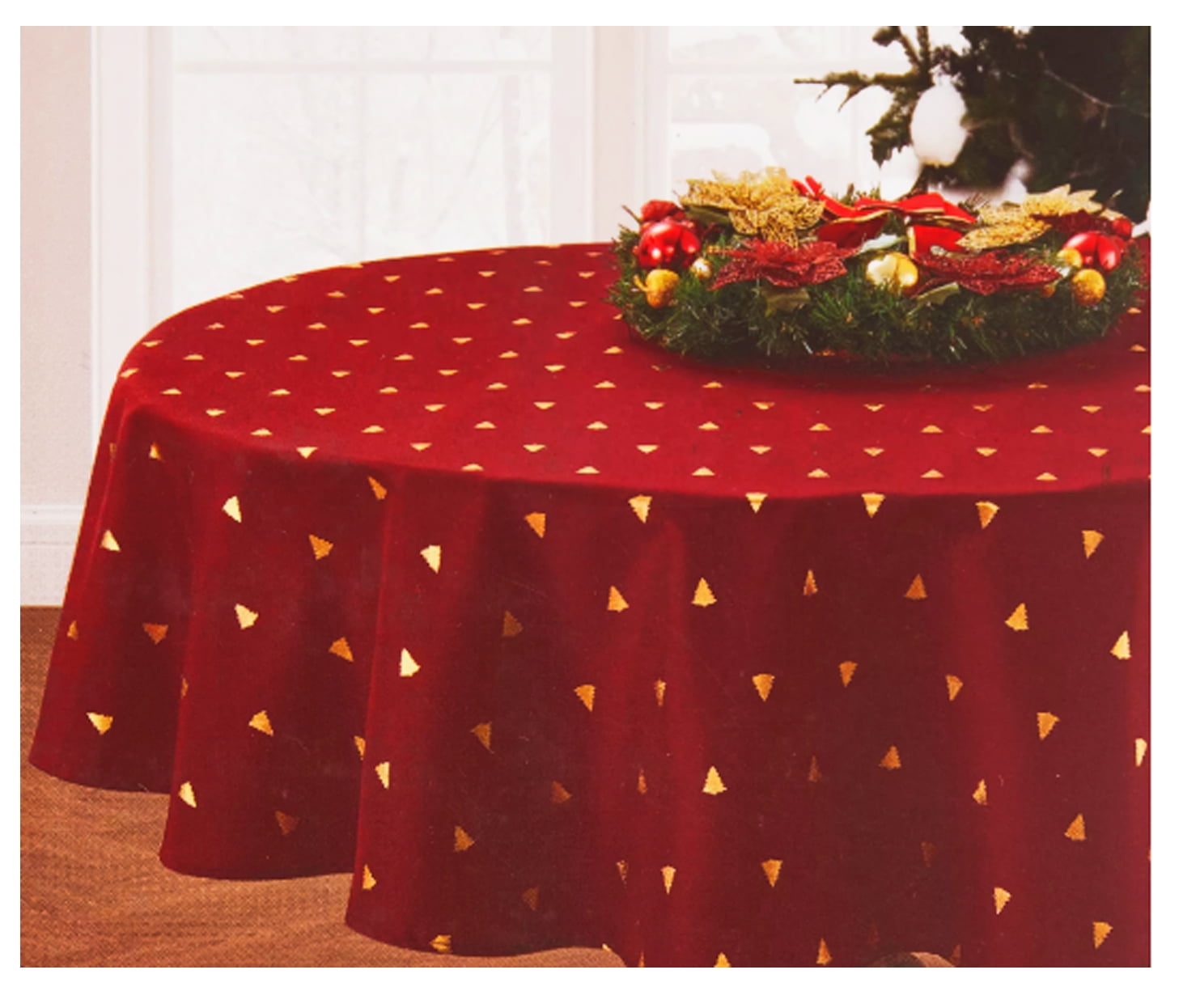 Broyhill 60 Round Christmas Holiday Table Cloth Red with Gold Foil