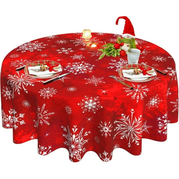 Christmas Red Tablecloth, Winter Snowflake Round Tablecloth 60 Inch, Xmas Table Cloth for Rustic Farmhouse Kitchen Decor, Wipeable Polyester Fabric Table Cover for Holiday
