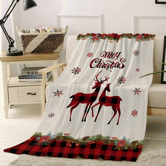 Christmas Red Throw Flannel Blanket 40x60In and Black Buffalo Plaid Elk Super Soft Cozy Bed Blanket, Lightweight Plush Fuzzy Bed Throw for Bedroom Sofa Couch Living Room