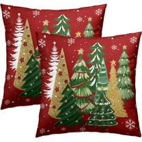 Christmas Red Throw Pillow Covers 16x16, Set of 2 Gold Green Xmas Trees Snowflakes Decorative Pillow Cases Square Cushion Cover for Couch Sofa Bed Farmhouse Holiday Decoration