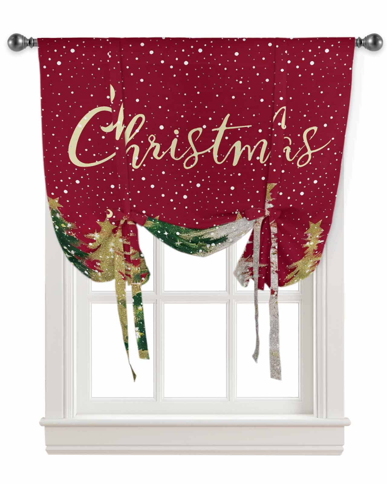 Christmas Red Tie Up Curtains for Window,Golden-yellow Green Xmas Tree ...