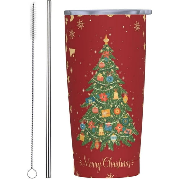 Christmas Red Tree Tumbler Cup with Lid and Straw, 20 oz Stainless Steel Insulated Travel Mug, Hot and Cold Water Bottle, Gift Pattern Souvenir for Men Women