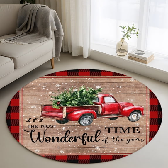 Christmas Red Truck 3' Round Rug for Bathroom Accent Bedside Corner ...