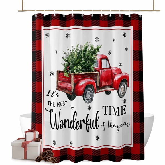 Christmas Red Truck Bathroom Shower Curtain Winter Tree Snowflake Red Plaid Waterproof Washable Shower Curtains for Bathtub Bath Decor with Grommets and Hook 36 X 72 Inch