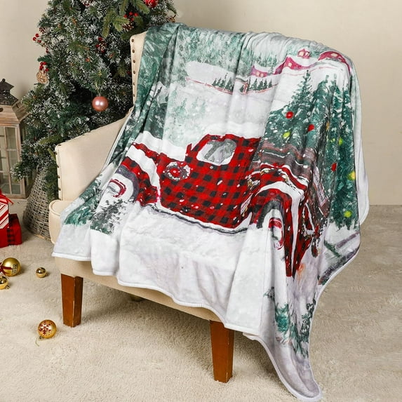 Christmas Red Truck Blanket Buffalo Plaid Blanket 50 x 60 Inch Soft Warm Fleece Throw Blanket Cozy Lightweight Microfiber Christmas Fleece Blanket for Travel Snow Lovers Bedding Gifts