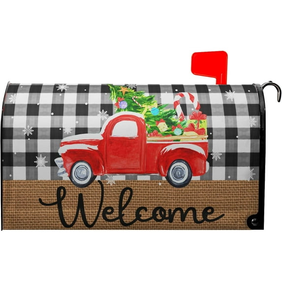 Christmas Red Truck Car Tree Snowflake Mailbox Covers Magnetic Standard Size 25.5" X 21",Black and White Buffalo Plaid Welcome Mailbox Wraps Post Letter Box Cover for Holiday Garden Yard Decor