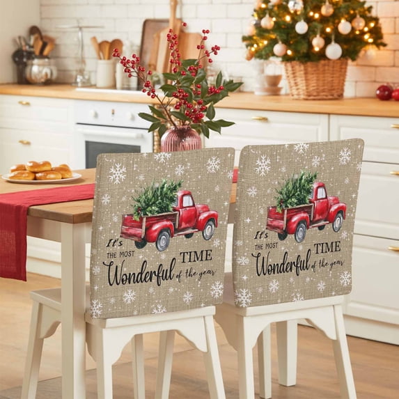Christmas Red Truck Chair Covers Set of 8 Winter Tree Snowflake Linen Vintage Chair Back Covers Stretch Removable Washable Slipcovers Protector for Dining Room Kitchen Party Decor
