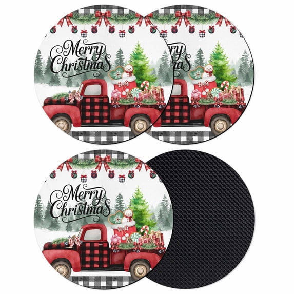 Christmas Red Truck Coasters Set of 4, Absorbent Coasters for Drinks, Xmas Tree Snowman Winter Gifts Plaid Coaster for Desk Coffee Table Protection, Home Decor House Warming Gifts 4"