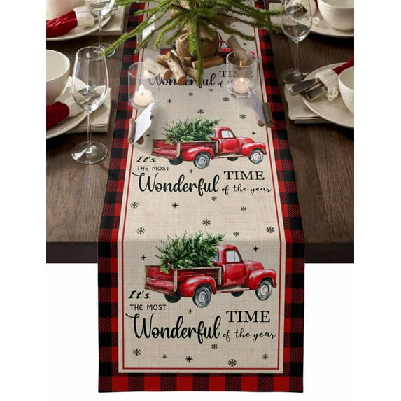 Christmas Red Truck Cotton Linen Table Runner for Dining Kitchen, Buffalo Plaid Xmas Tree Snowflakes Wedding Outdoor Party Tablerunners Decoration, Dresser Scarf Coffee Tablecloth Runners 13"x108"