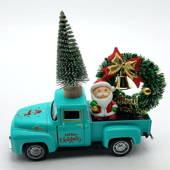 Christmas Red Truck Decoration,Vintage Farmhouse Metal Trucks Pickup Tiered Tray Decor for Tabletop Home Kitchen Centerpiece Decorations,Christmas Truck with Santa Weath Decor (Blue)