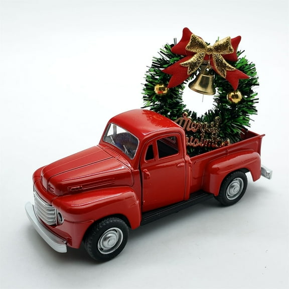 Christmas Red Truck Decoration,Vintage Farmhouse Metal Trucks Pink Green Red Pickup Tiered Tray Decor for Tabletop Home Kitchen Centerpiece Decorations,Christmas Pickup Truck with  Decor