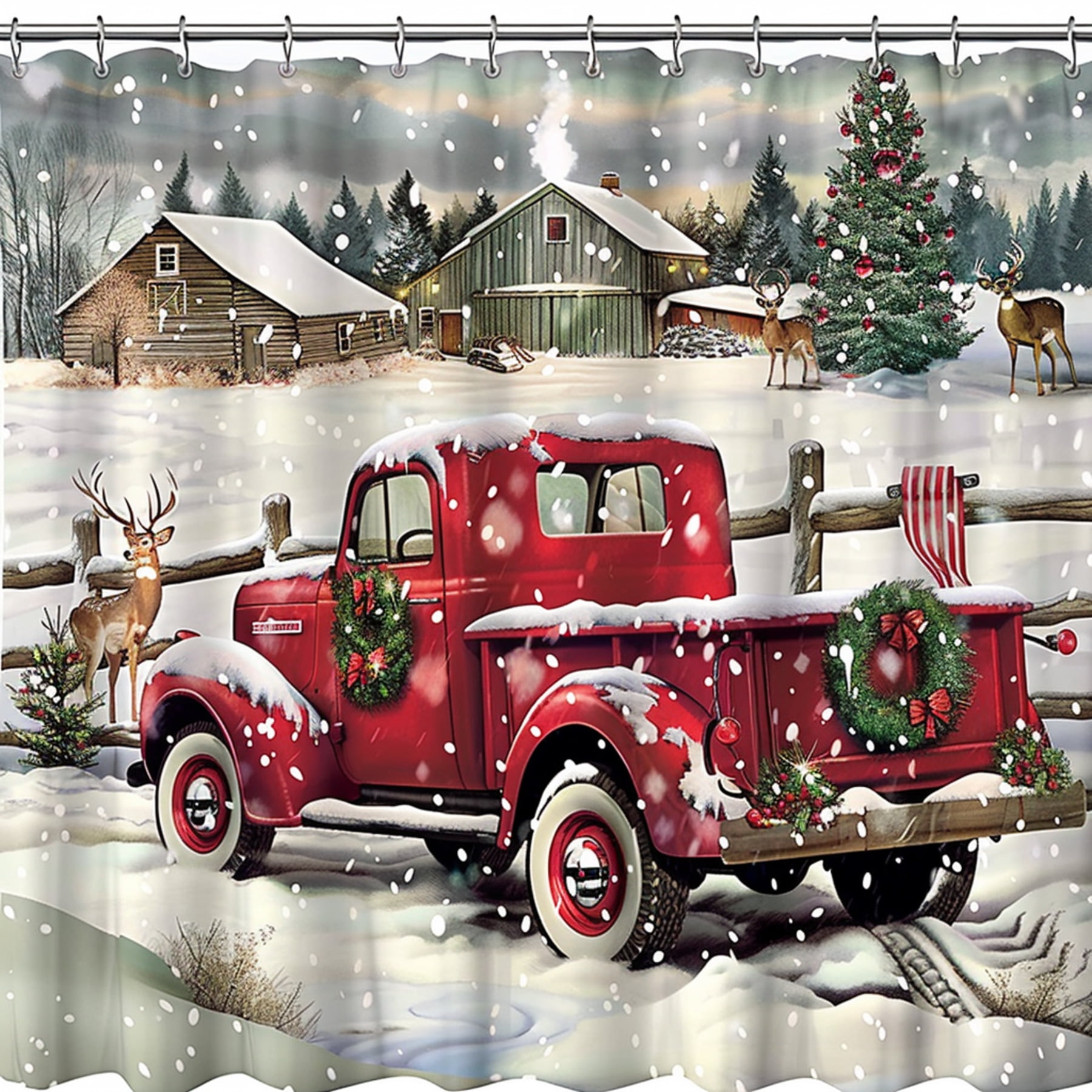Christmas Red Truck Farmhouse Winter Scene Shower Curtain with Deer and