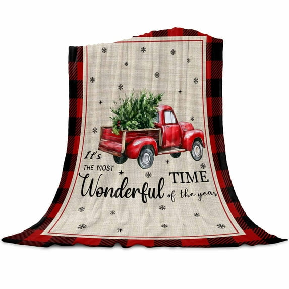 Christmas Red Truck Flannel Blanket for Bed,Travel and Camping, Winter Tree Snowflake Red Plaid Linen Super Soft Cozy Blanket for All Seasons 50" x 80"