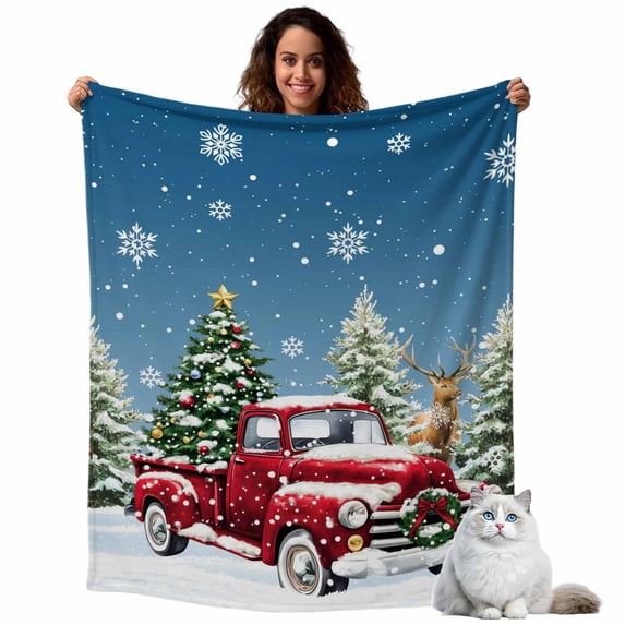 Christmas Red Truck Flannel Blanket for Bed,Travel and Camping, Winter Car Deer Xmas Trees Snow Blur Super Soft Cozy Blanket for All Seasons 60"x80"