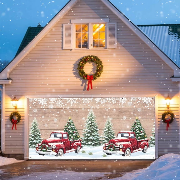 Christmas Red Truck Garage Door Banner Covers, Winter Car Xmas Trees Snow Wood Grain Large Hanging Indoor/Outdoor Backdrop Background for Christmas Winter Party Decor, 6.9x8 FT