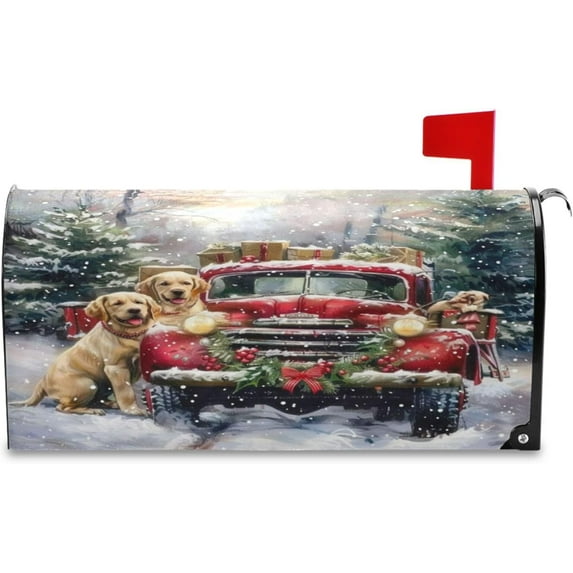 Christmas Red Truck Golden Retriever Dog Magnetic Mailbox Cover Large 21 X 25 in Winter Snowflake Xmas Tree Snowman Mail Box Covers Decals Wraps Post Box Outdoor Decorations