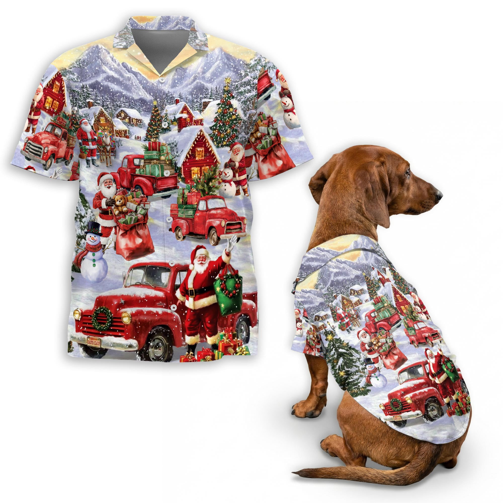 Christmas Red Truck Hawaiian Shirt Santa Snowy Village Holiday Aloha ...
