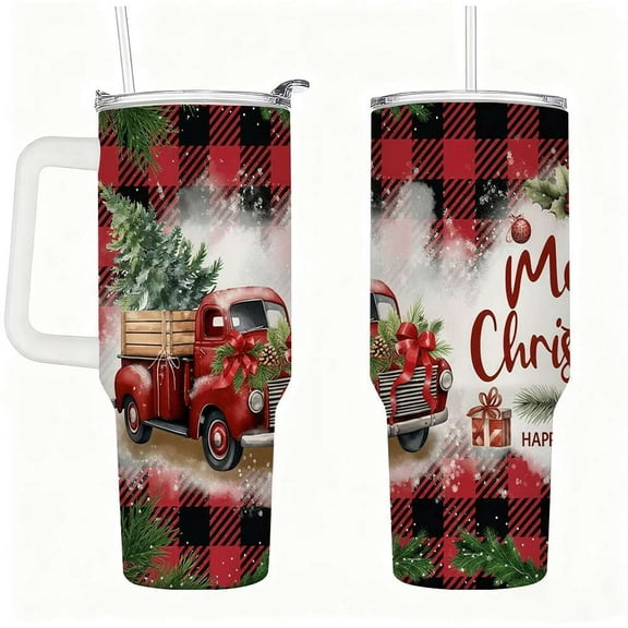 Christmas Red Truck Insulated Tumbler with Lid and Straw, Buffalo Plaid Stainless Steel Travel Mug with Handle, Holiday Pine Tree Gift Cup for Hot and Cold Drinks