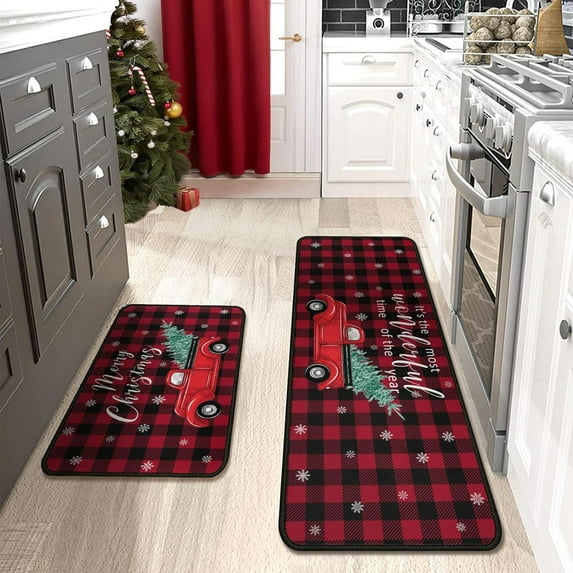 Christmas Red Truck Kitchen Rugs Set 2 Pieces Non Skid Kitchen Floor Rug and Mat Buffalo Plaid Check Merry Christmas Kitchen Rugs and Mats Carpets for Xmas Floor Decor 17"x47"+17"x30"