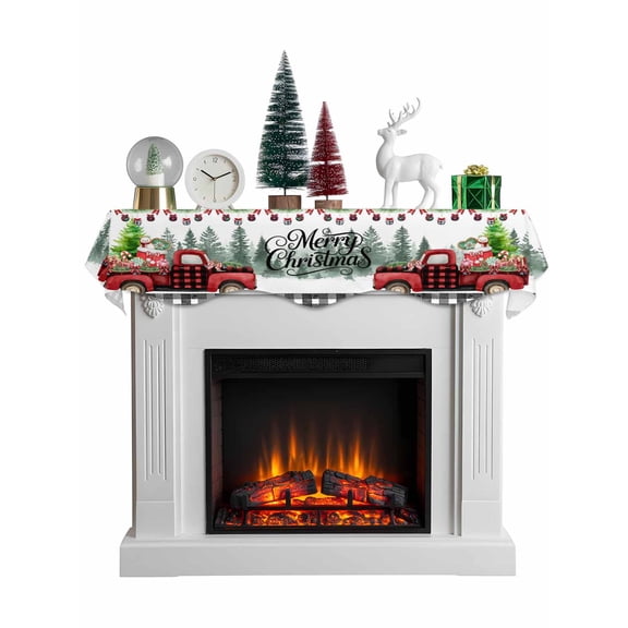 Christmas Red Truck Mantel Scarf Fireplace Decorations for Living Room, Xmas Tree Snowman Winter Gifts Plaid Fireplace Mantel Scarf Cover Runner for Halloween/Thanksgiving/Christmas Decor 60"x17"