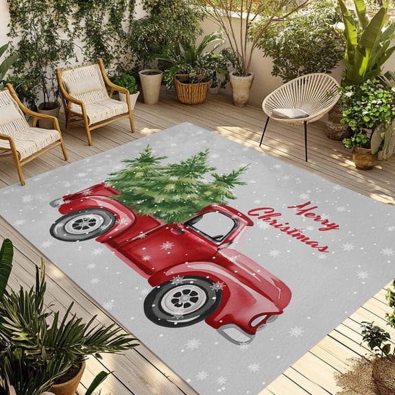 Christmas Red Truck Outdoor Rug 4x6 Ft - Reversible Patio Rug Outdoor Camping Rugs, Xmas Pine Tree Winter Snowflakes Grey Indoor Outdoor Area Rugs, Non-Slip Outdoor Carpet Runner for Deck/Porch